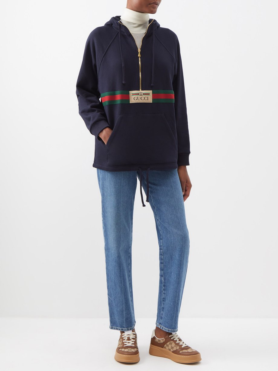 Navy Web stripe cotton-jersey hoodie, Gucci