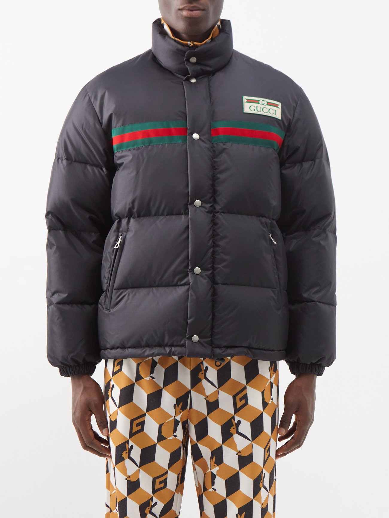 Black Web Stripe nylon-shell quilted down jacket, Gucci