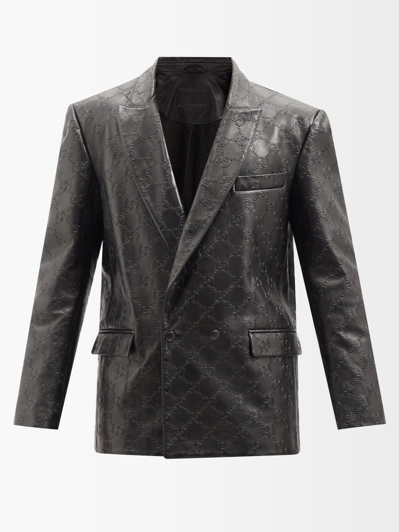 Gucci Double-breasted Logo-embossed Leather Blazer In Black