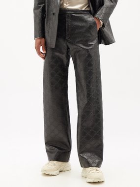 GUCCI Straight-Leg Logo-Embossed Leather Trousers for Men