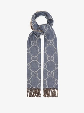 GUCCI Fringed wool and silk-blend jacquard scarf