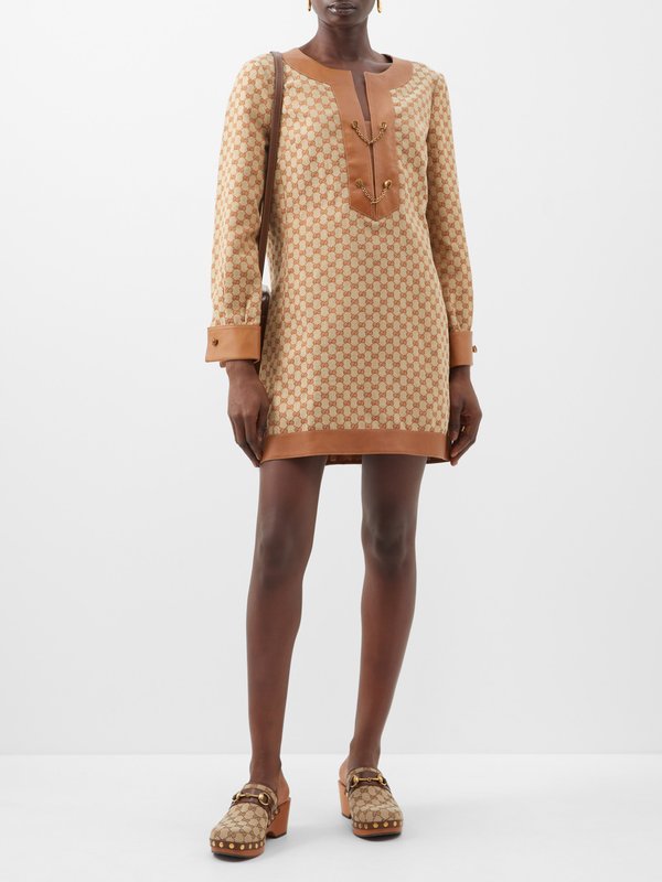 Gucci GG-monogram leather-trim linen-blend mini dress