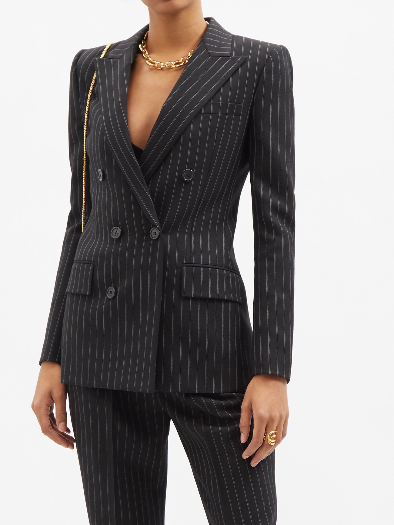 Double-breasted pinstriped suit jacket