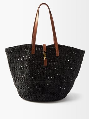 SHOPPING SAINT LAURENT TOY LEATHER-TRIMMED STRAW TOTE