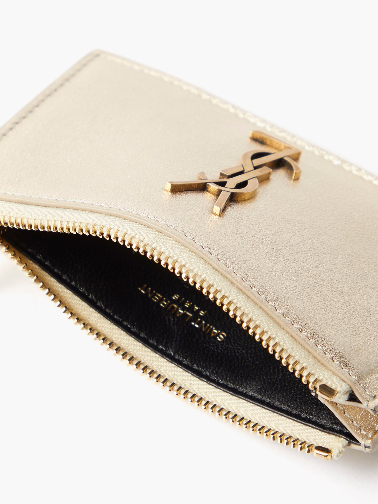 Gold YSL-plaque grained leather cardholder, Saint Laurent