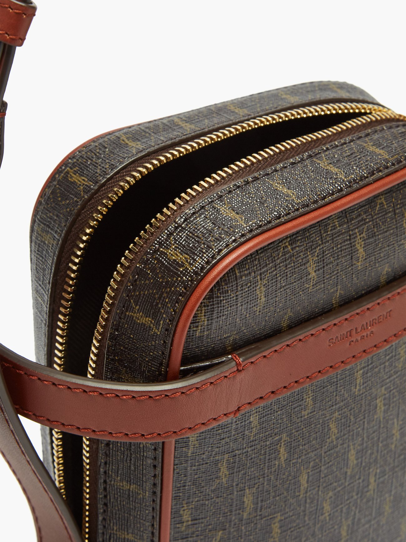 Saint Laurent Leather-trimmed Monogrammed Coated-canvas Messenger Bag In  Brown