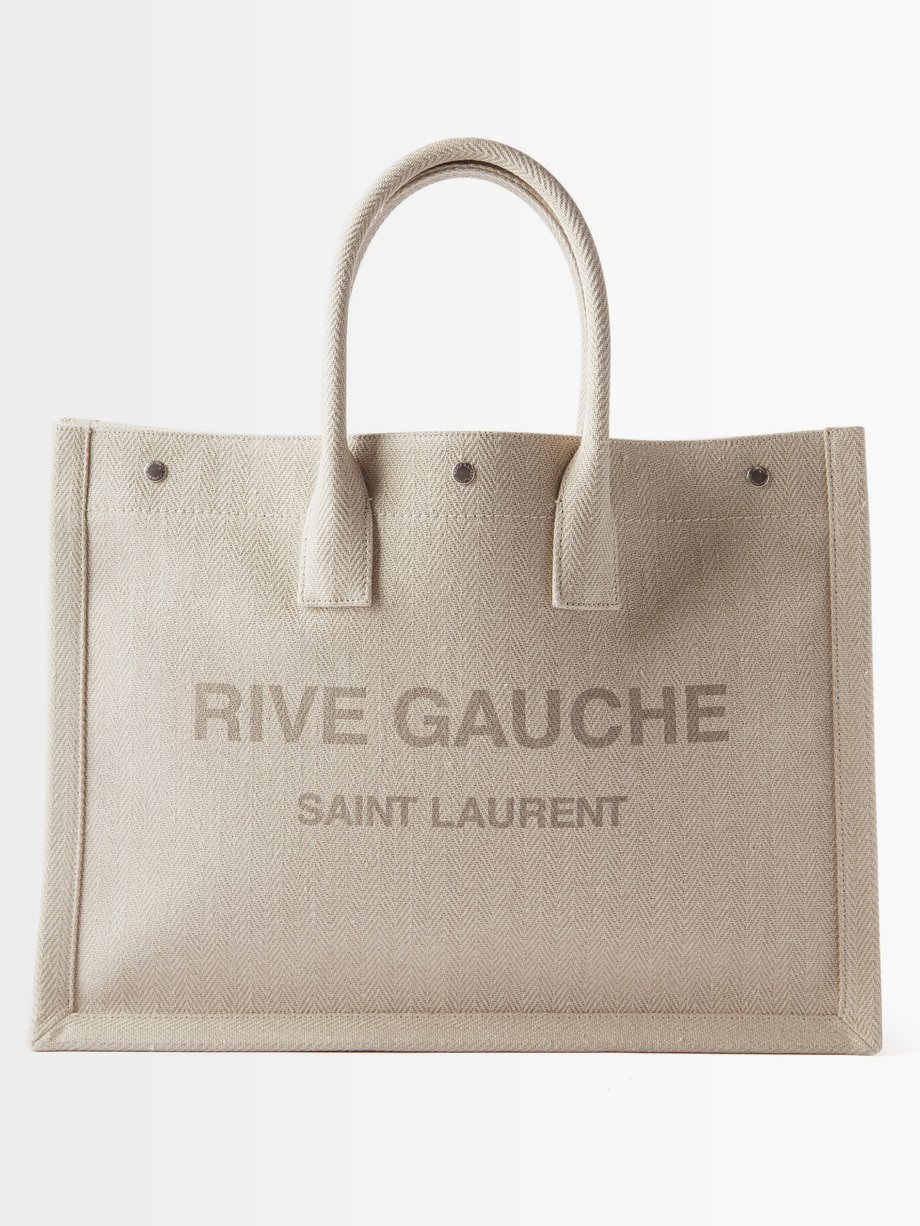 Beige Rive Gauche logo-print herringbone-twill tote bag | Saint Laurent ...