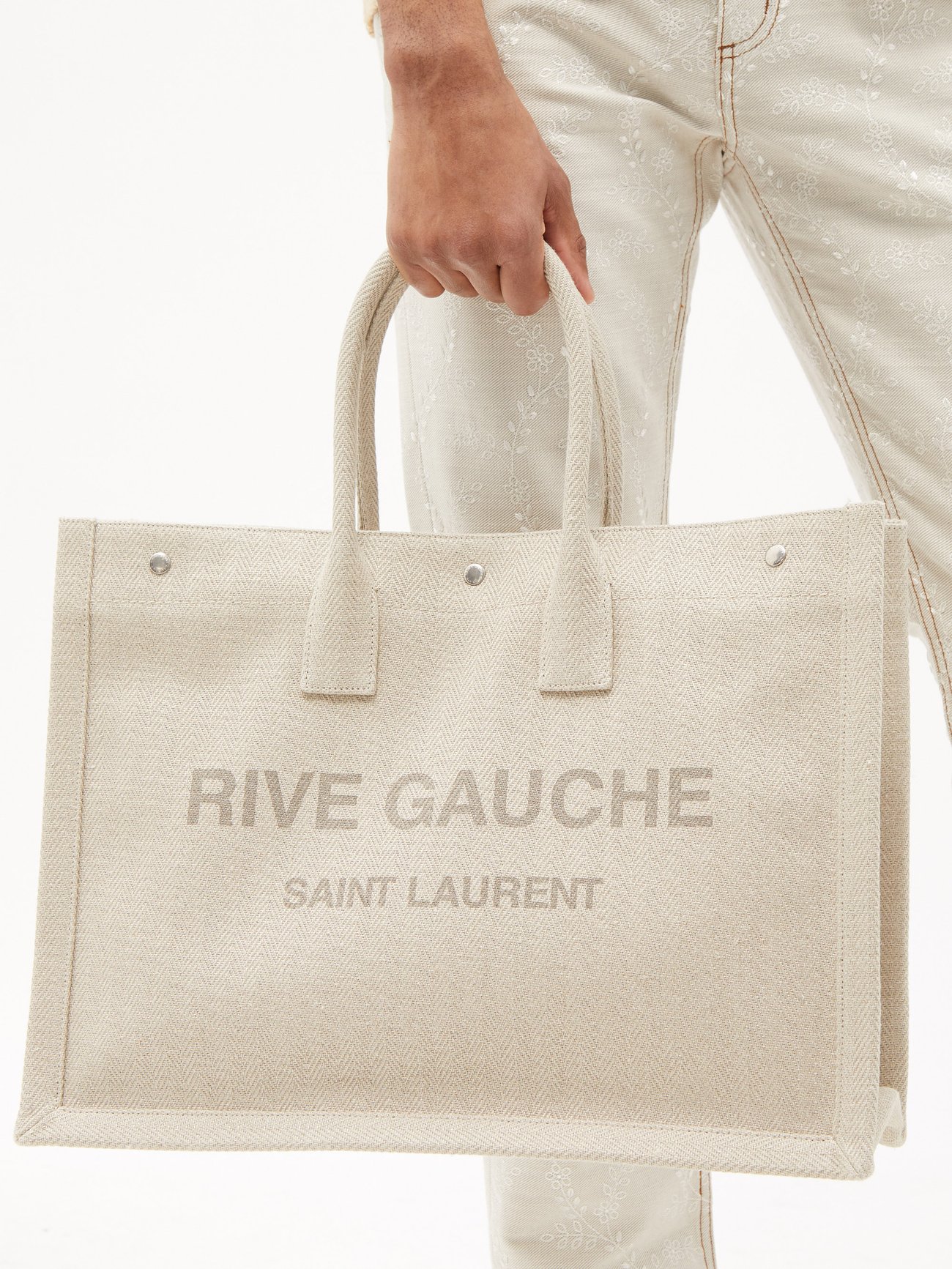 Beige Rive Gauche logo-print herringbone-twill tote bag, Saint Laurent