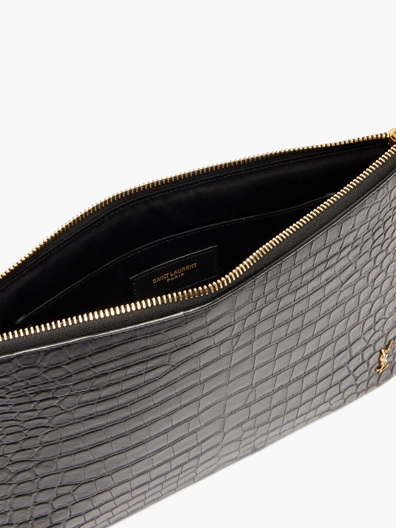 Saint Laurent Ysl-plaque Crocodile-effect Leather Pouch In Schwarz