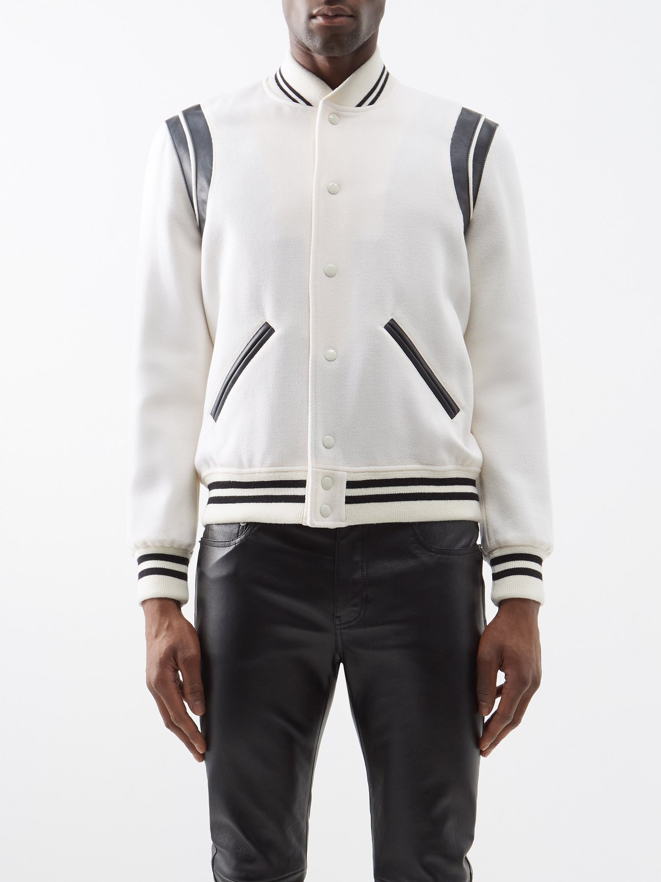 Saint Laurent White Teddy leather-trim wool-blend bomber jacket