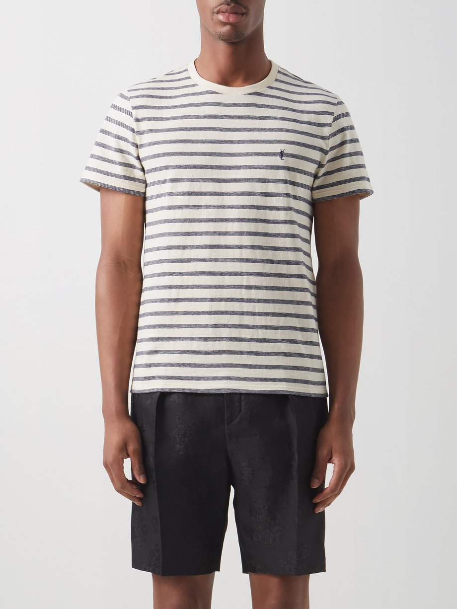 Saint Laurent YSL-embroidered striped cotton-slub T-shirt