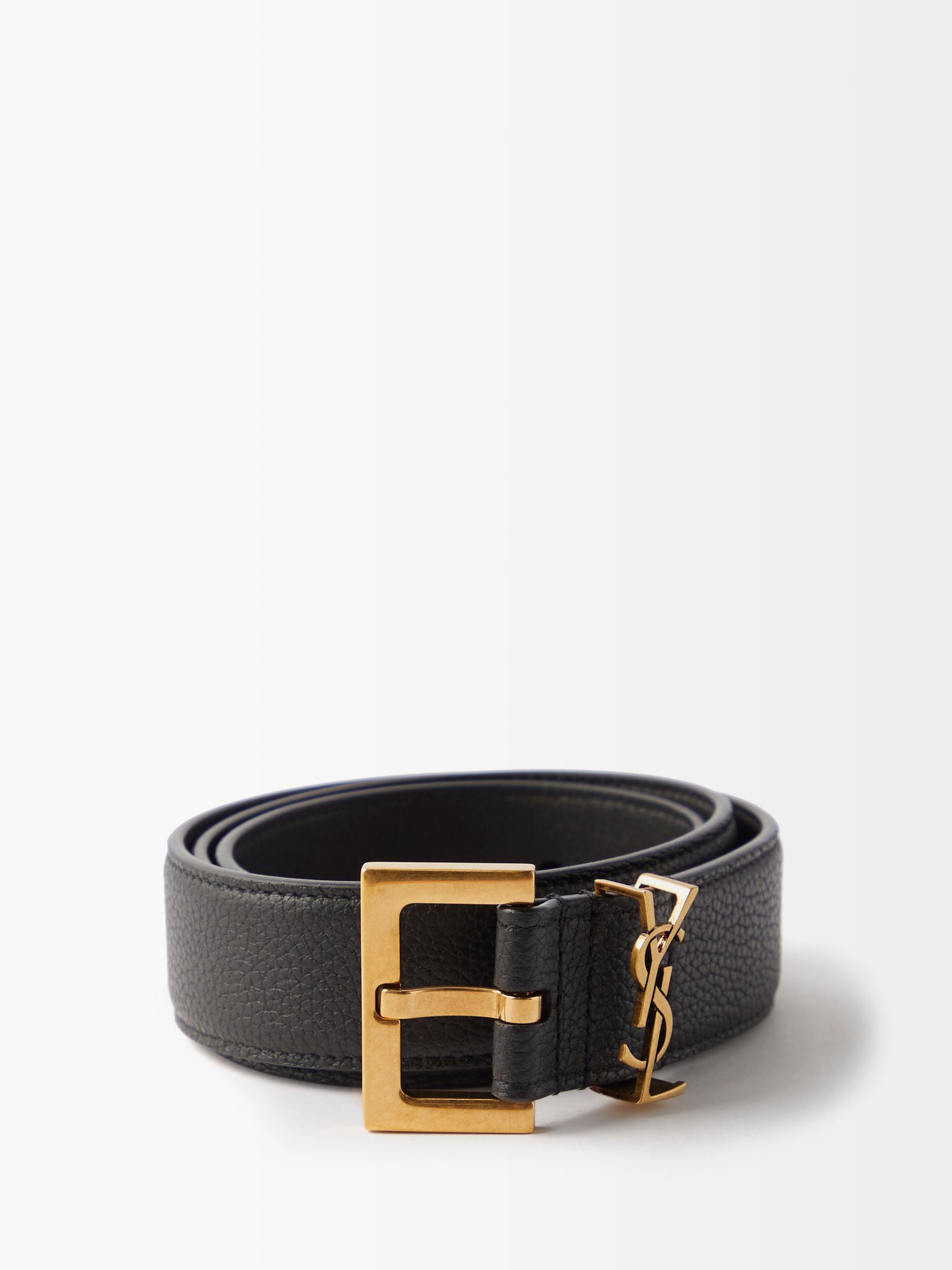 Black YSL-plaque grained-leather belt, Saint Laurent