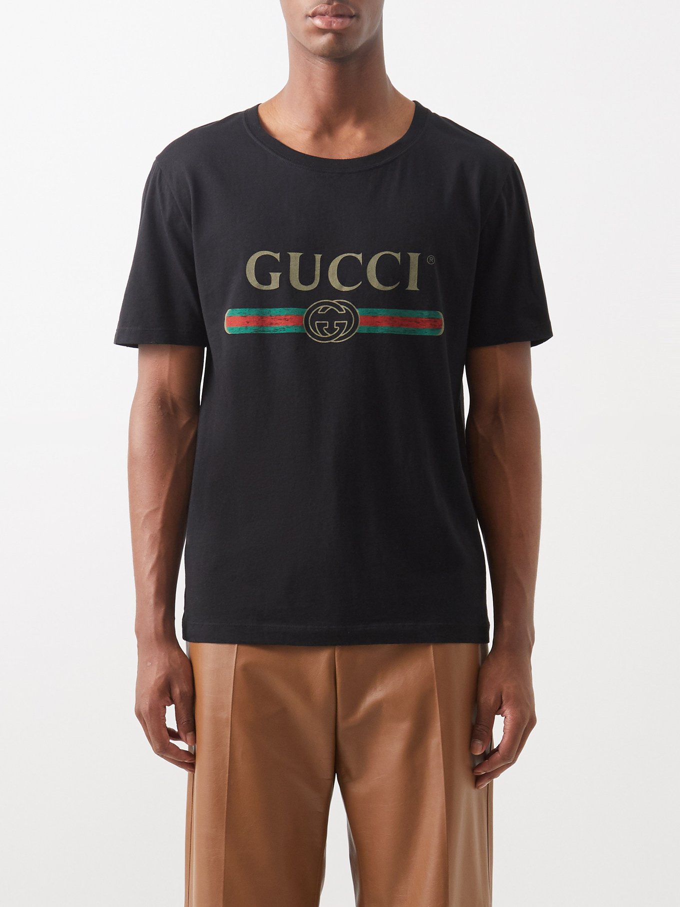 Gucci グッチ ウェブストライプ＆ロゴ コットンTシャツ ブラック｜MATCHESFASHION（マッチズファッション)