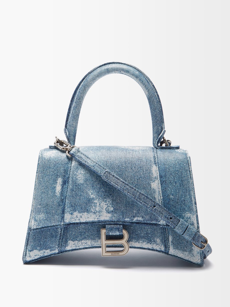 Hourglass small denim-effect printed leather tote