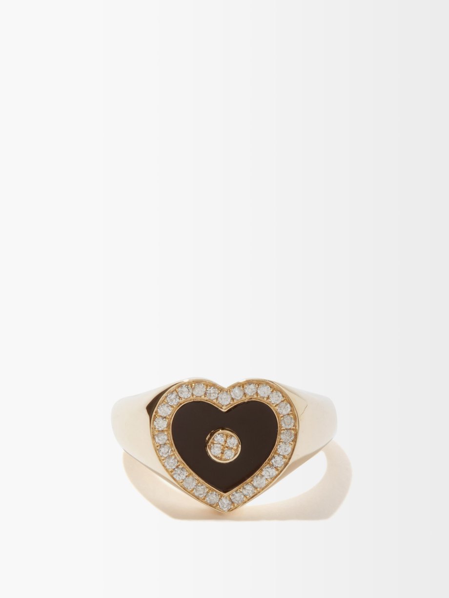 Gold Heart Love diamond onyx 14kt gold ring Anissa Kermiche