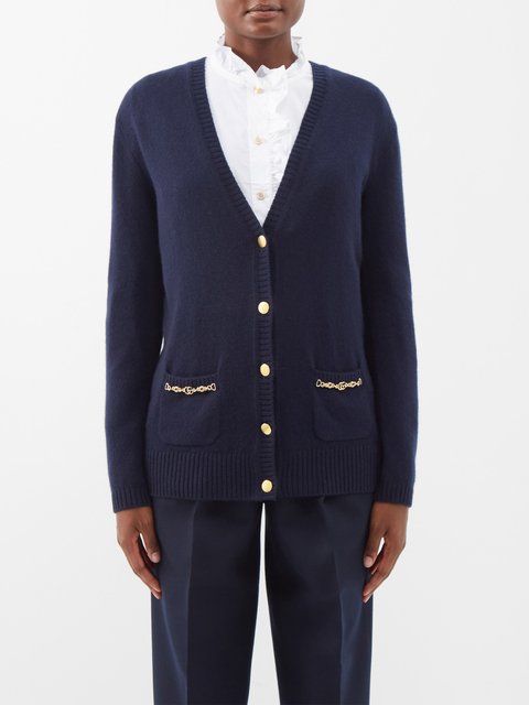 Navy Cashmere Cardigan with Gold Buttons