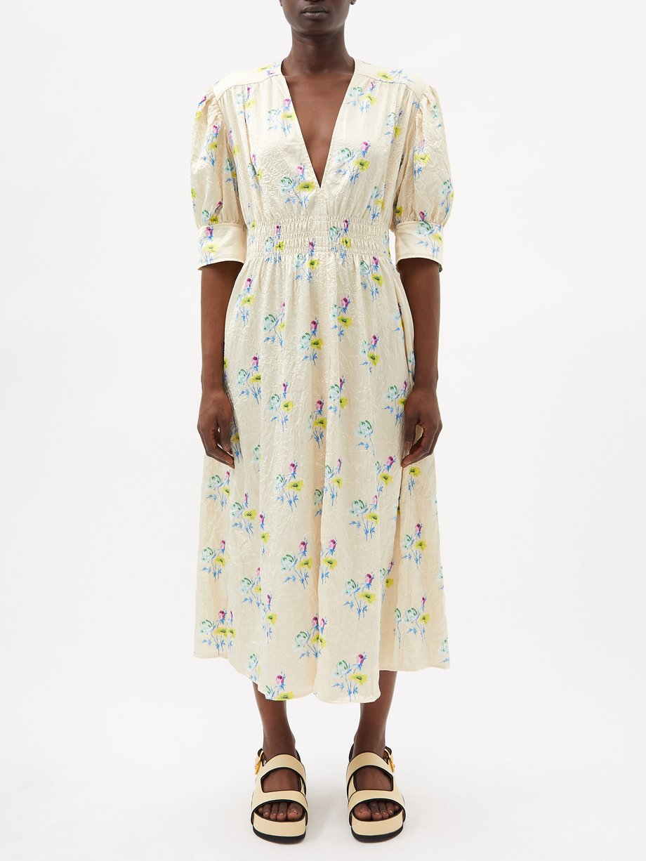 Neutral Crinkled floral-print satin midi dress | Ganni | MATCHESFASHION UK