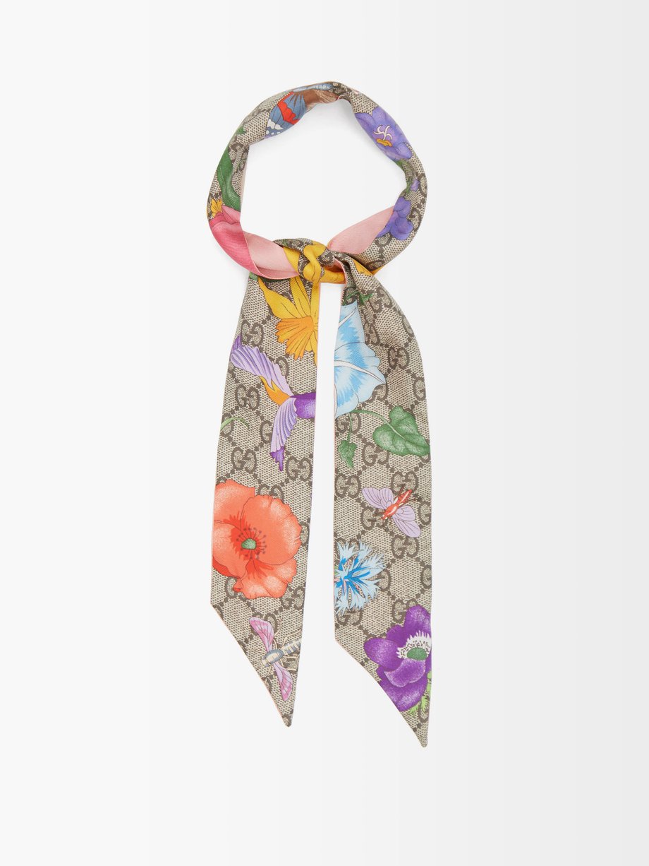 Gucci GG Supreme-jacquard and floral-print silk scarf