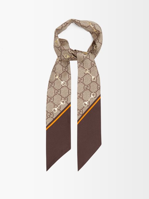 Brown Horsebit-print silk-twill scarf | Gucci | MATCHES UK