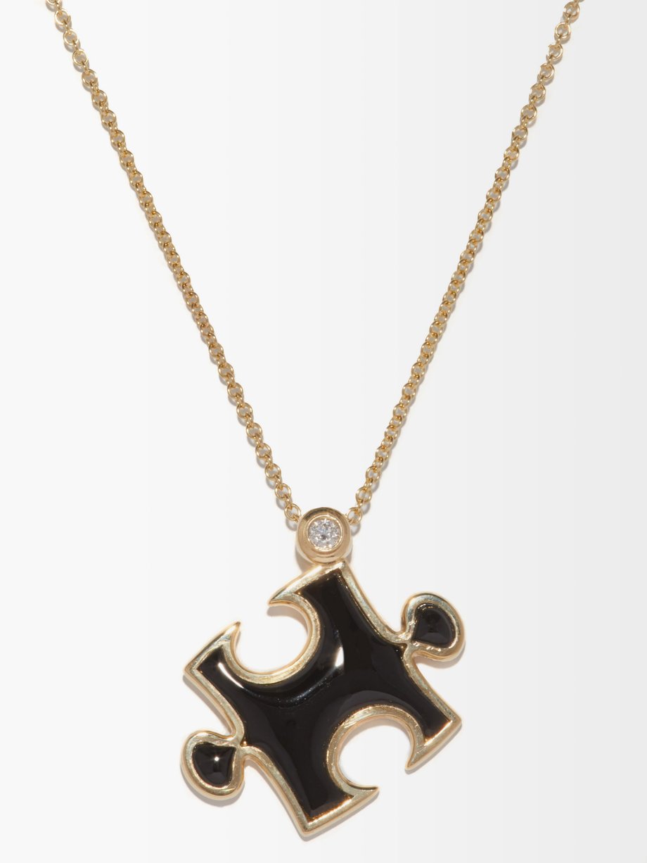 Retrouvai Puzzle diamond, onyx & 14kt gold necklace