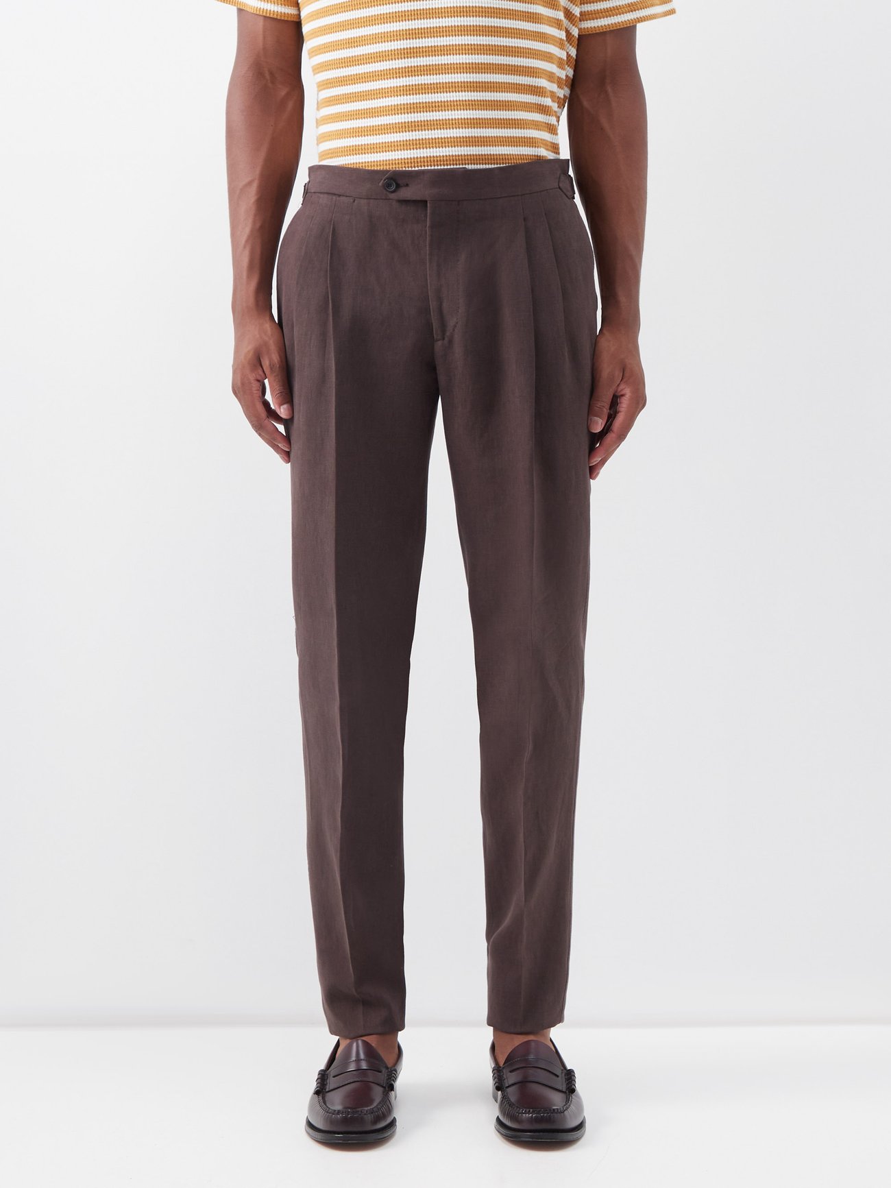 Brown Pleated linen-twill suit trousers | Thom Sweeney | MATCHESFASHION UK