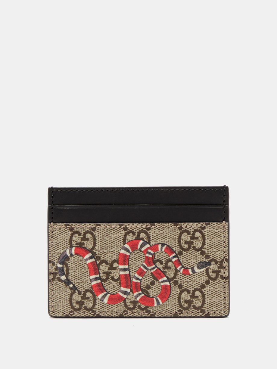 Brown Snake-print GG-jacquard and leather cardholder, Gucci