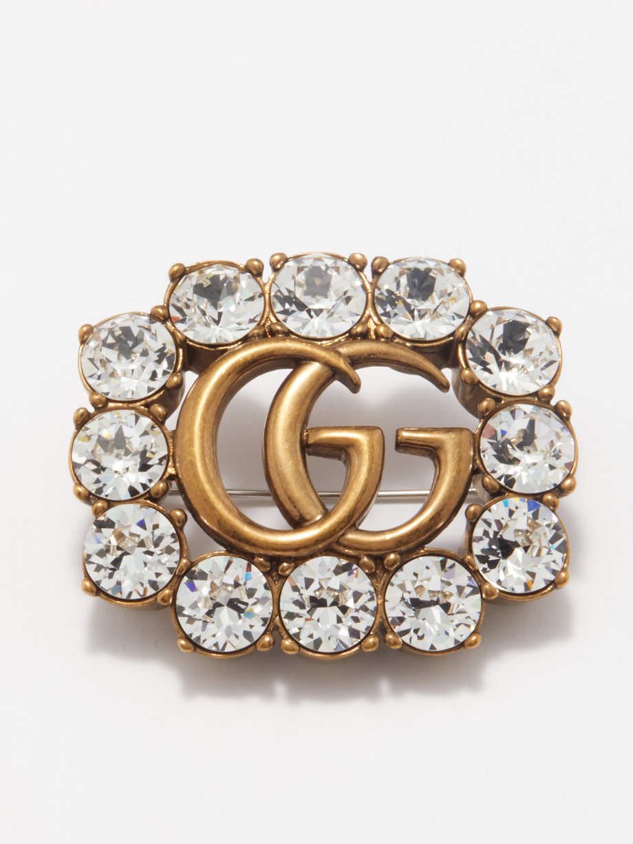 Gold Crystal-embellished GG brooch, Gucci