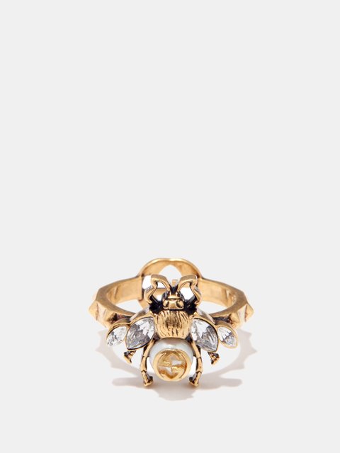 Gold Bee crystal and faux pearl embellished ring Gucci MATCHES UK