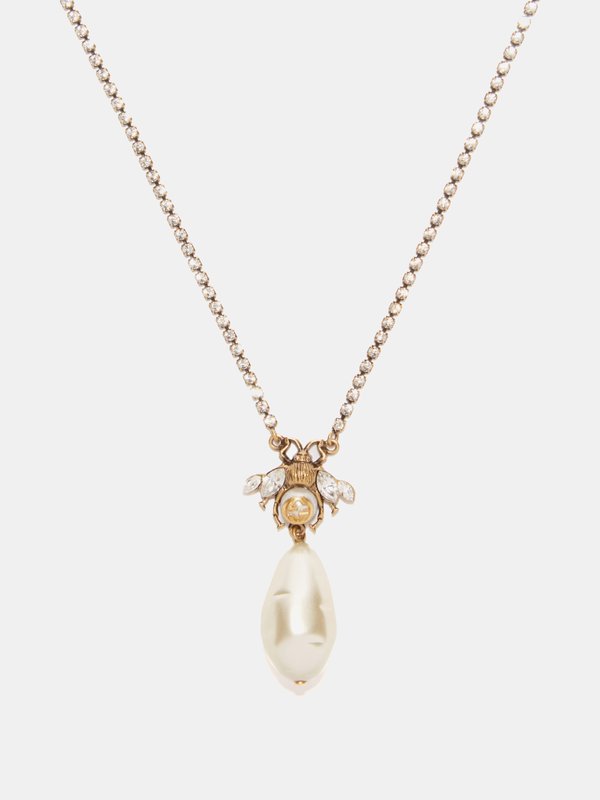 Gucci Bee crystal-embellished faux-pearl necklace