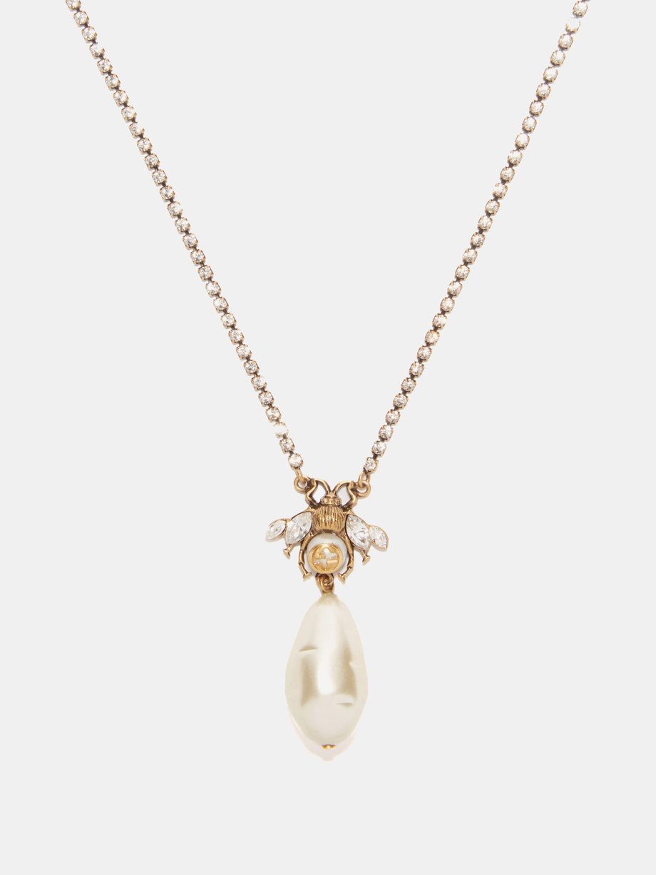 Gucci Bee crystal-embellished faux-pearl necklace