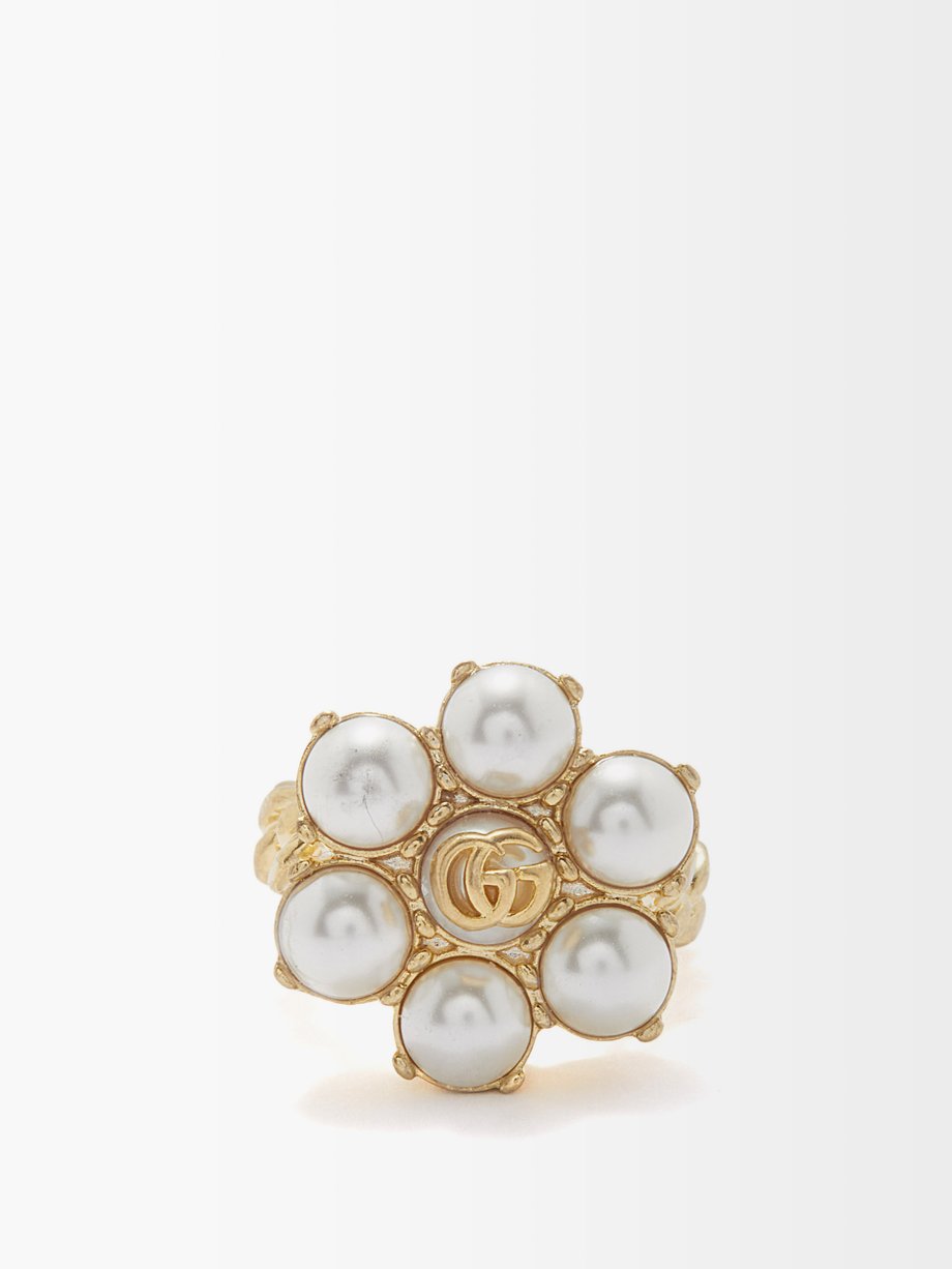 Gucci GG-logo faux-pearl chain ring