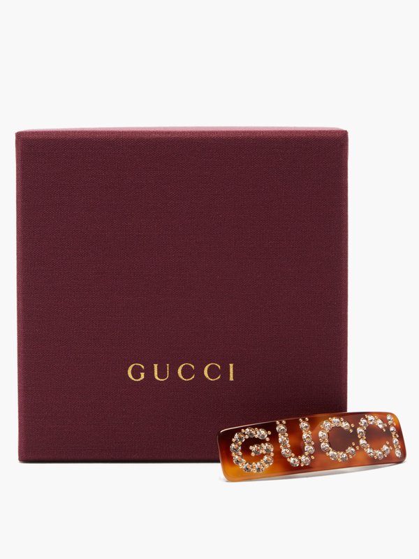 Gucci Crystal-logo tortoiseshell-acetate hairclip
