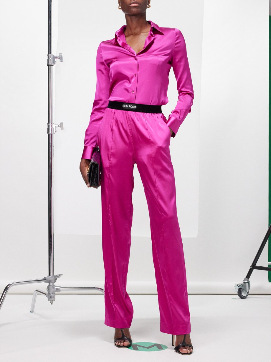 Pink Logo-waistband silk-blend trousers, Tom Ford