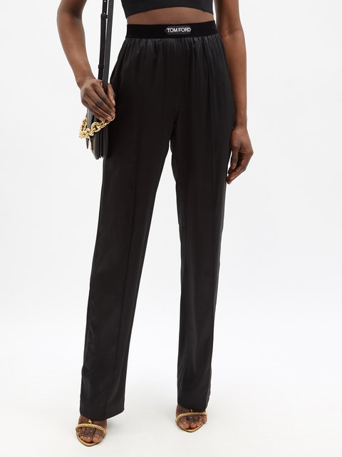 Black Logo-waistband silk-blend trousers, Tom Ford