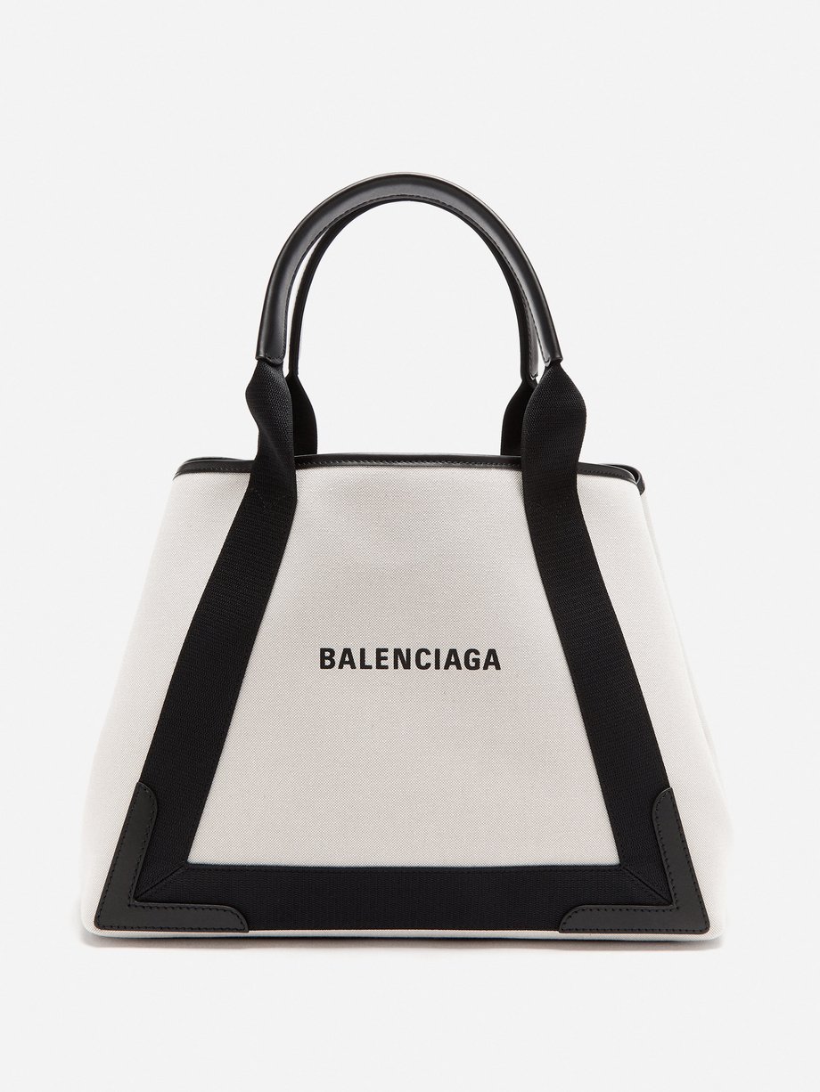 Neutral Cabas M logo-print leather-trim canvas bag | Balenciaga
