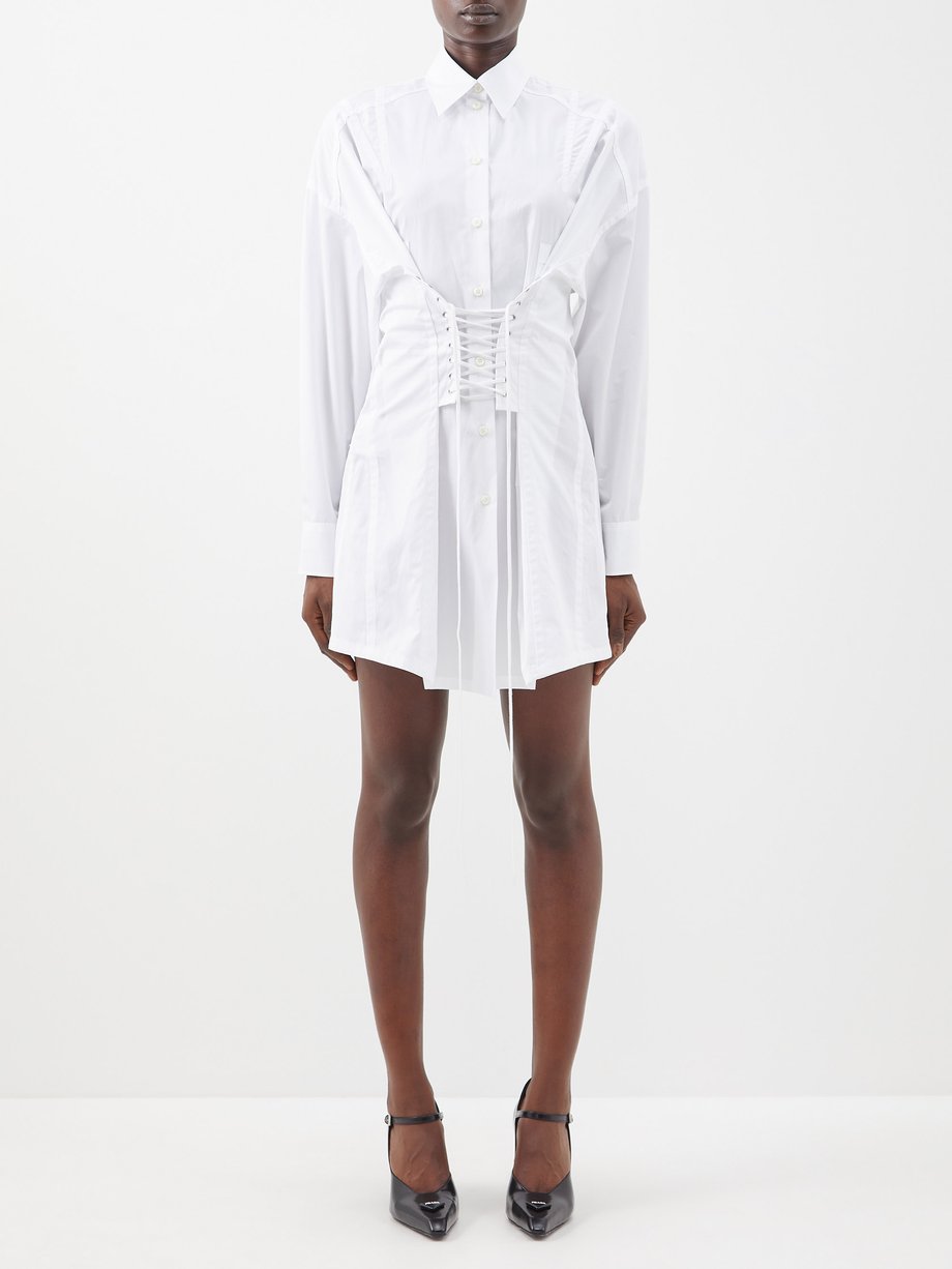 White Corset-waist cotton-poplin shirt dress | Prada | MATCHES UK