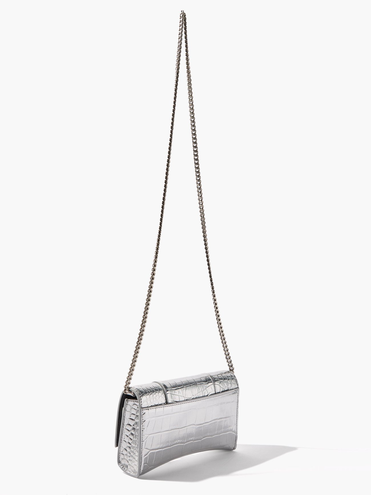 BALENCIAGA: Hourglass XS bag in crocodile print laminated leather - Silver