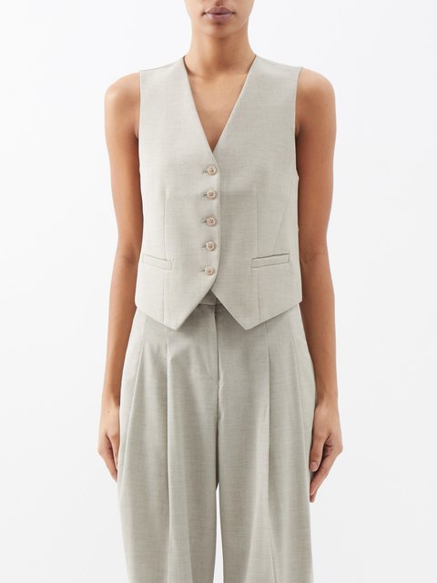 Beige Maesa asymmetric tailored chambray waistcoat, The Frankie Shop