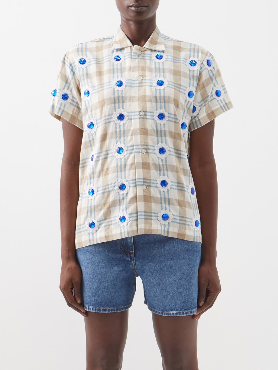 Beige Crystal-embellished cotton-madras shirt | Bode | MATCHESFASHION US