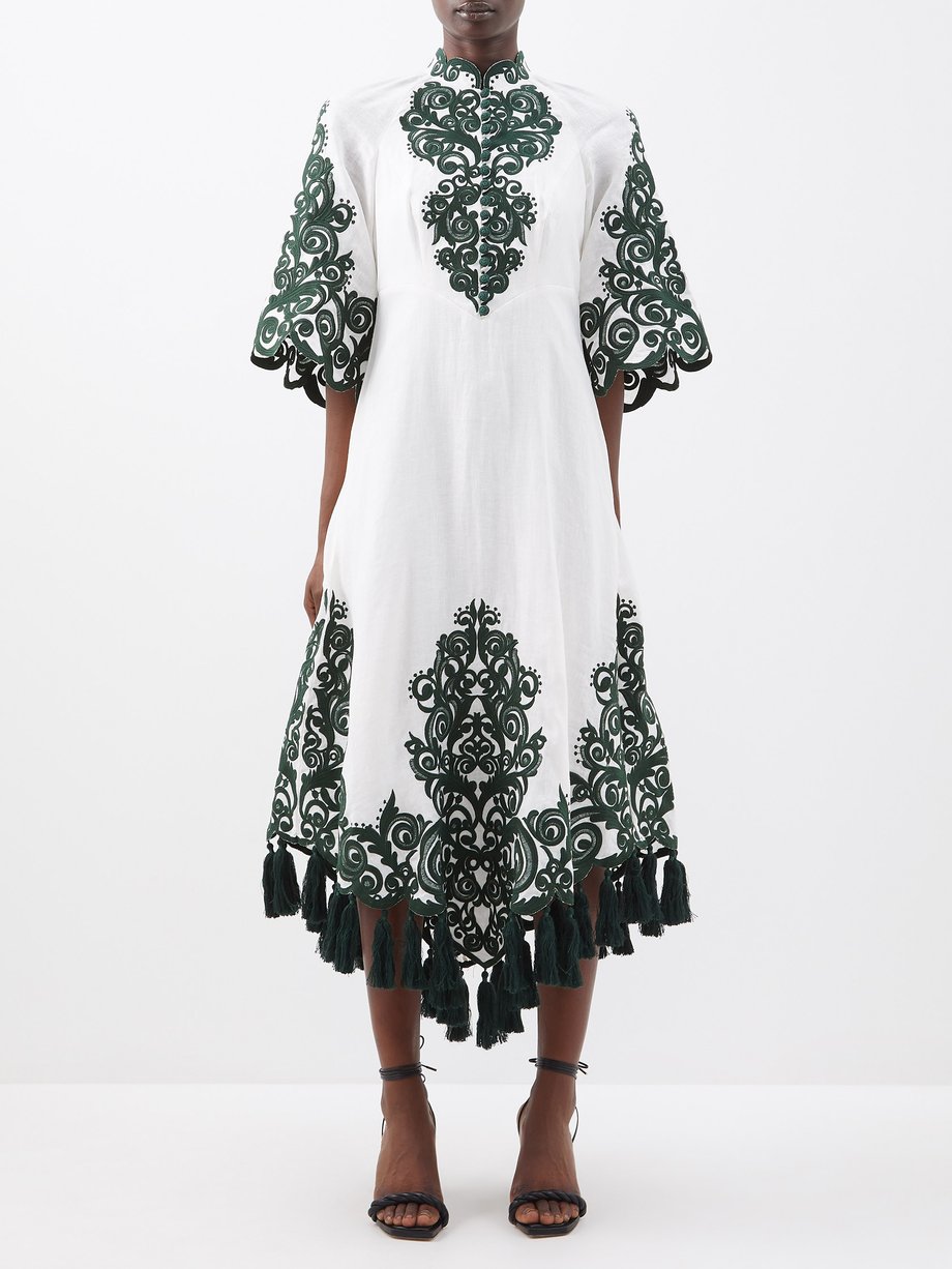 Ivory green Anneke tassel-trimmed embroidered linen dress | Zimmermann ...