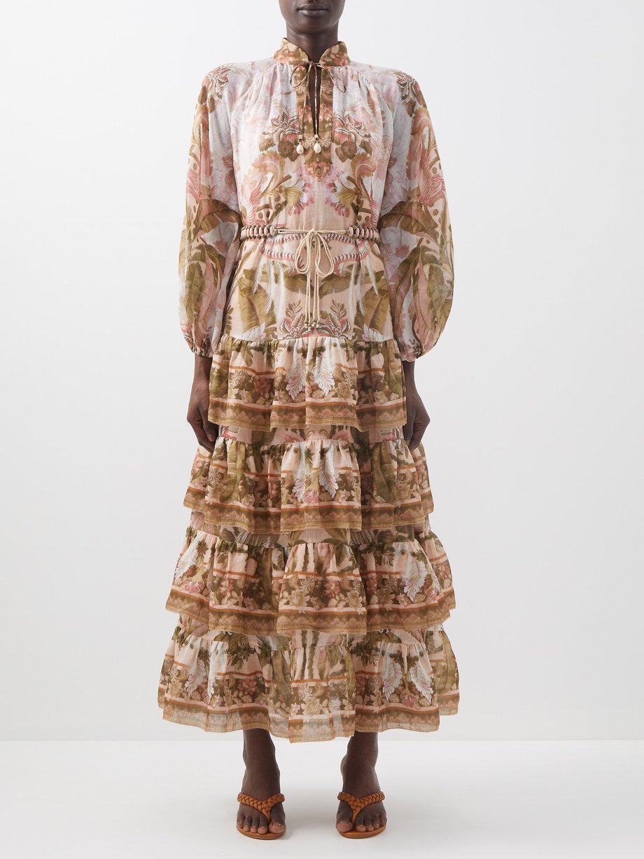 Print Lyre tiered tropical-print ramie-voile dress | Zimmermann ...
