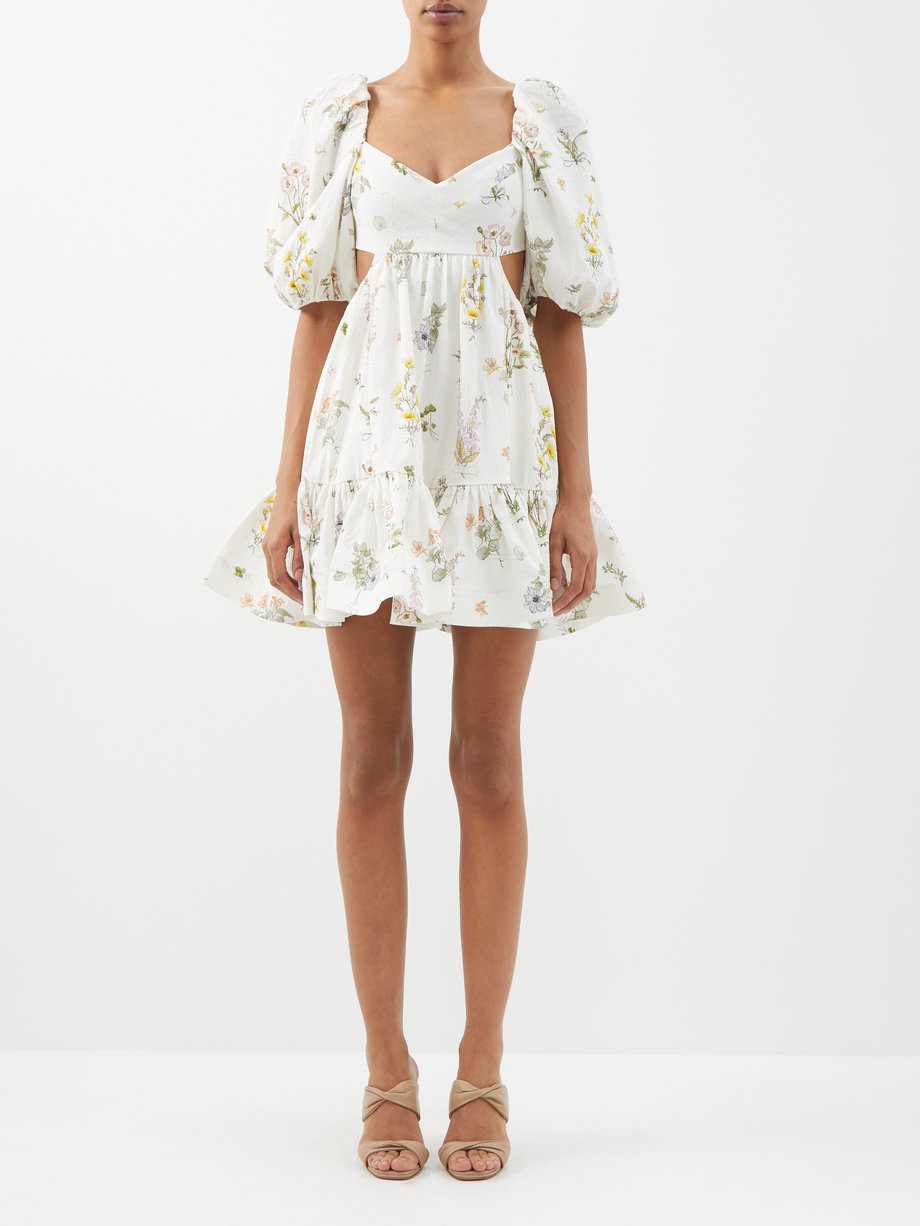 White Cutout puff-sleeve floral-print dress | Zimmermann ...