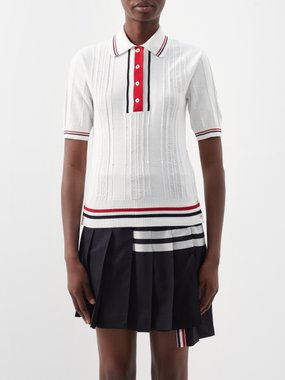 Thom Browne Striped rib-knitted cotton polo top