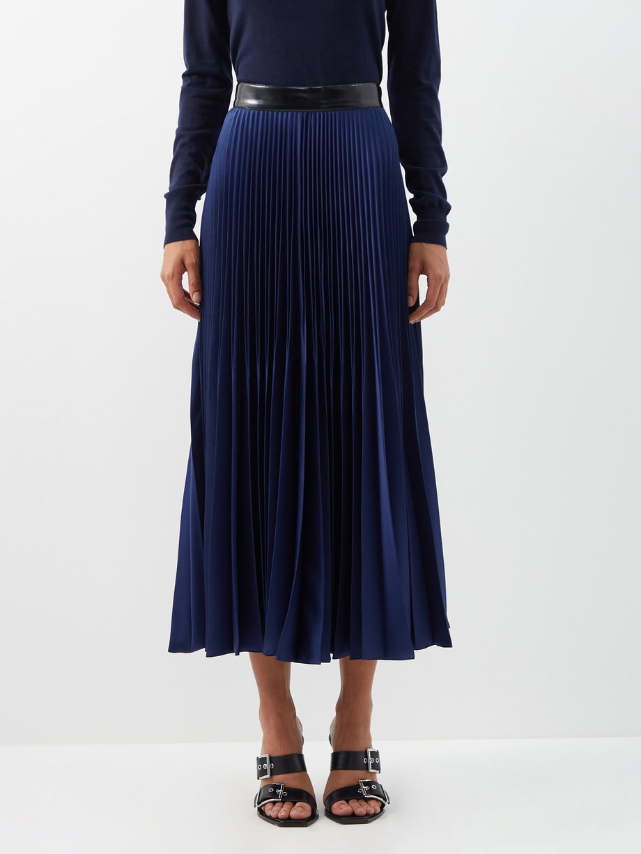 Blue Patent-waistband pleated satin midi skirt | Christopher Kane ...