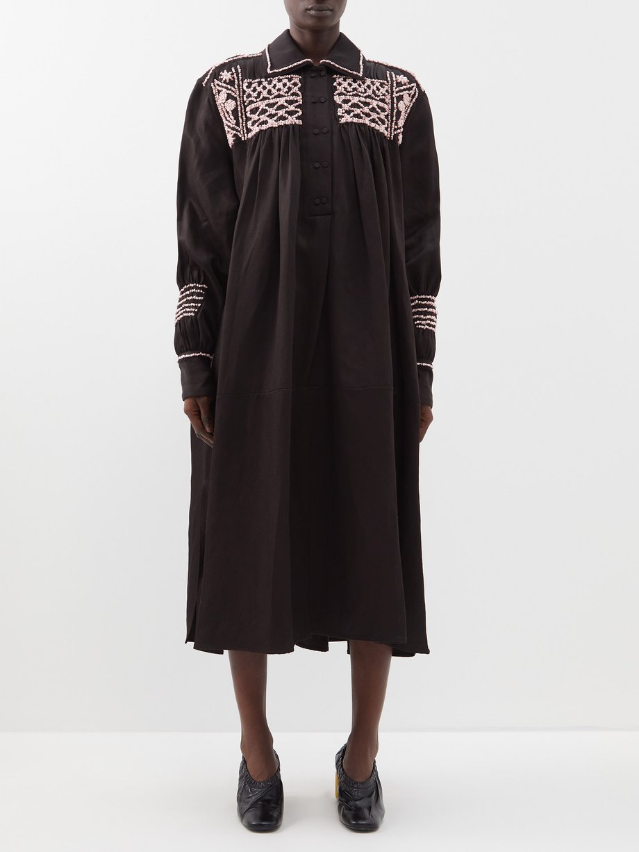 Black Embroidered shirred dress | Jil Sander | MATCHESFASHION UK