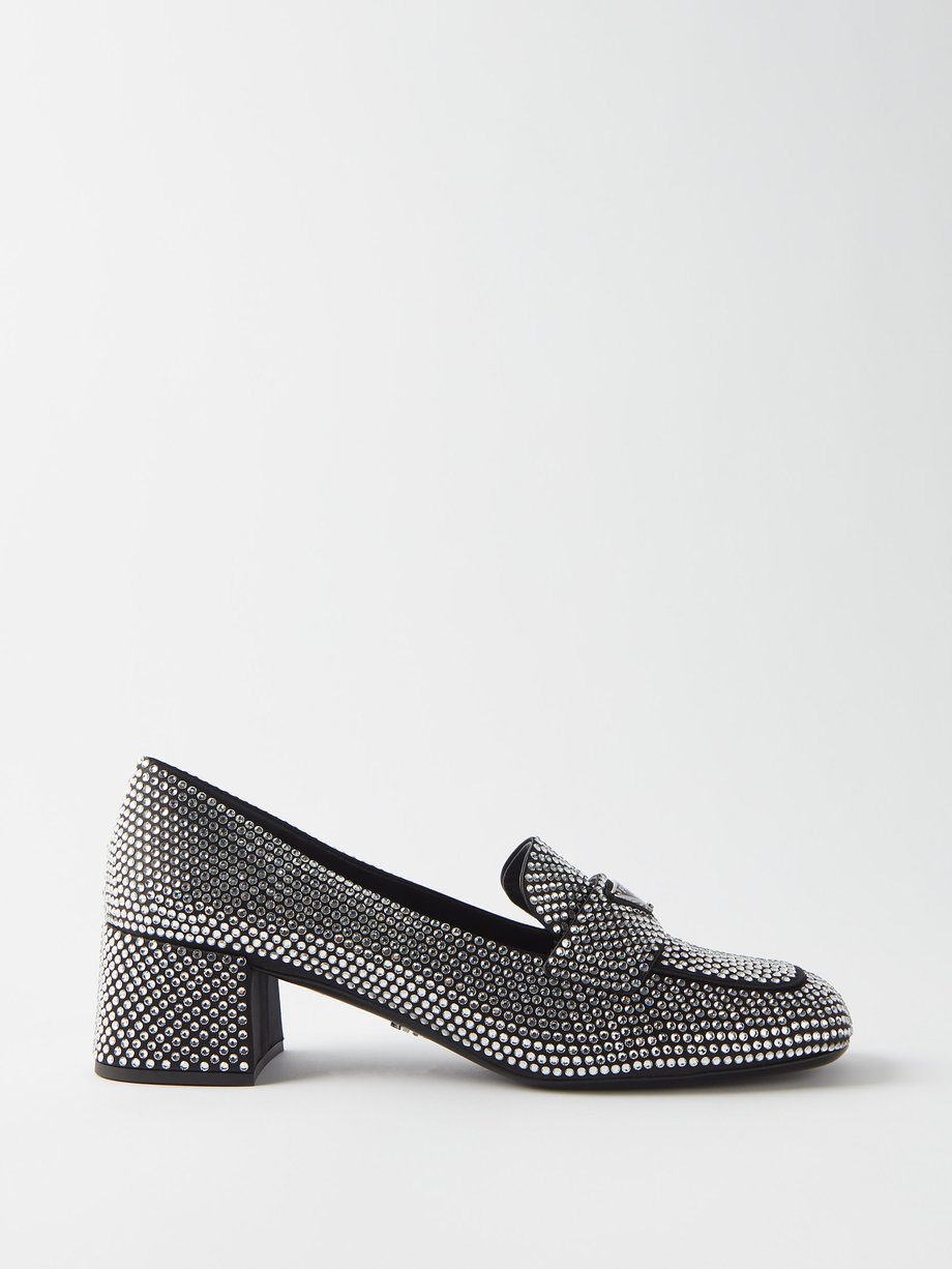 Prada Crystal-embellished block-heel satin loafers