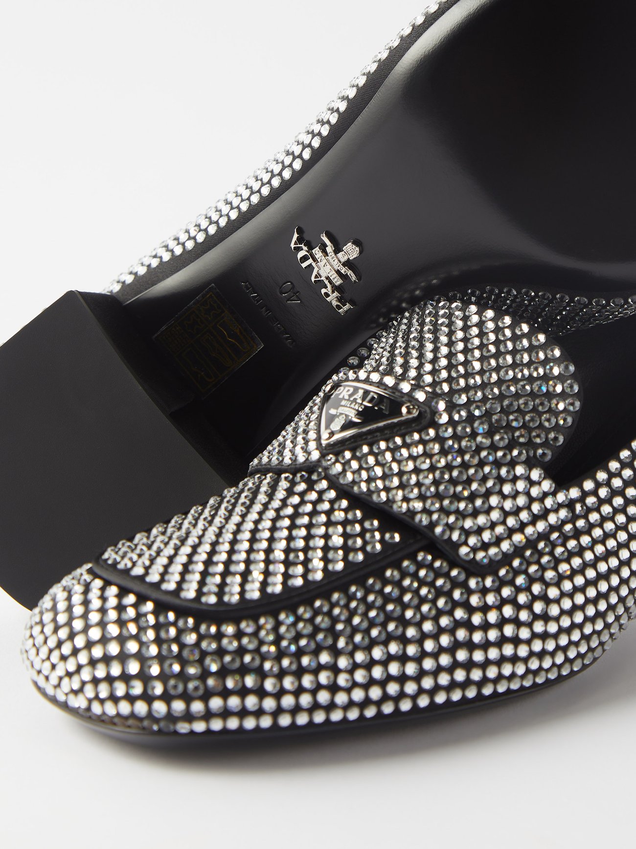 Silver Crystal-embellished block-heel satin loafers | Prada 