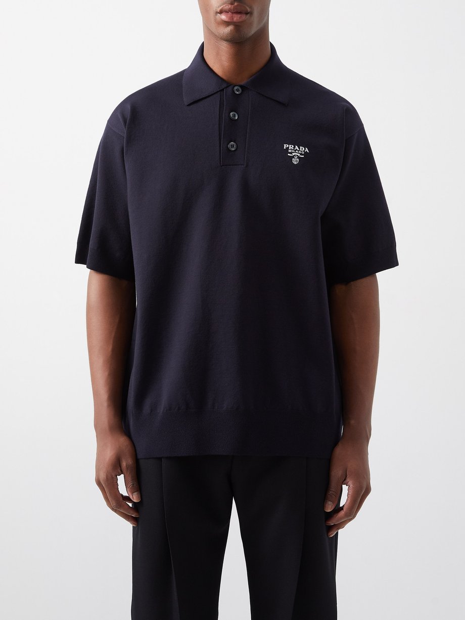 Navy Oversized logo-embroidered wool-blend polo shirt, Prada