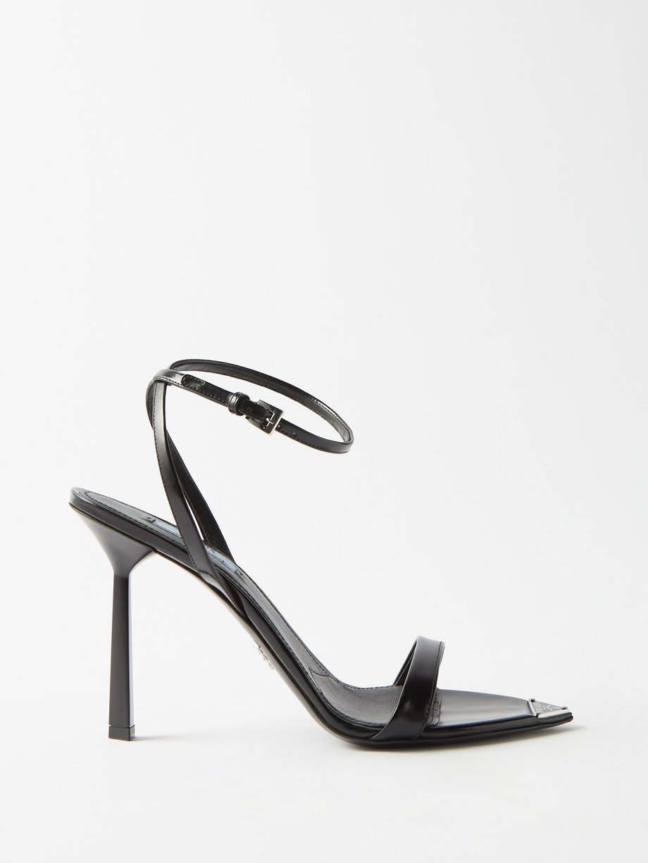 Black Logo-plauqe point-toe leather sandals | Prada | MATCHESFASHION UK