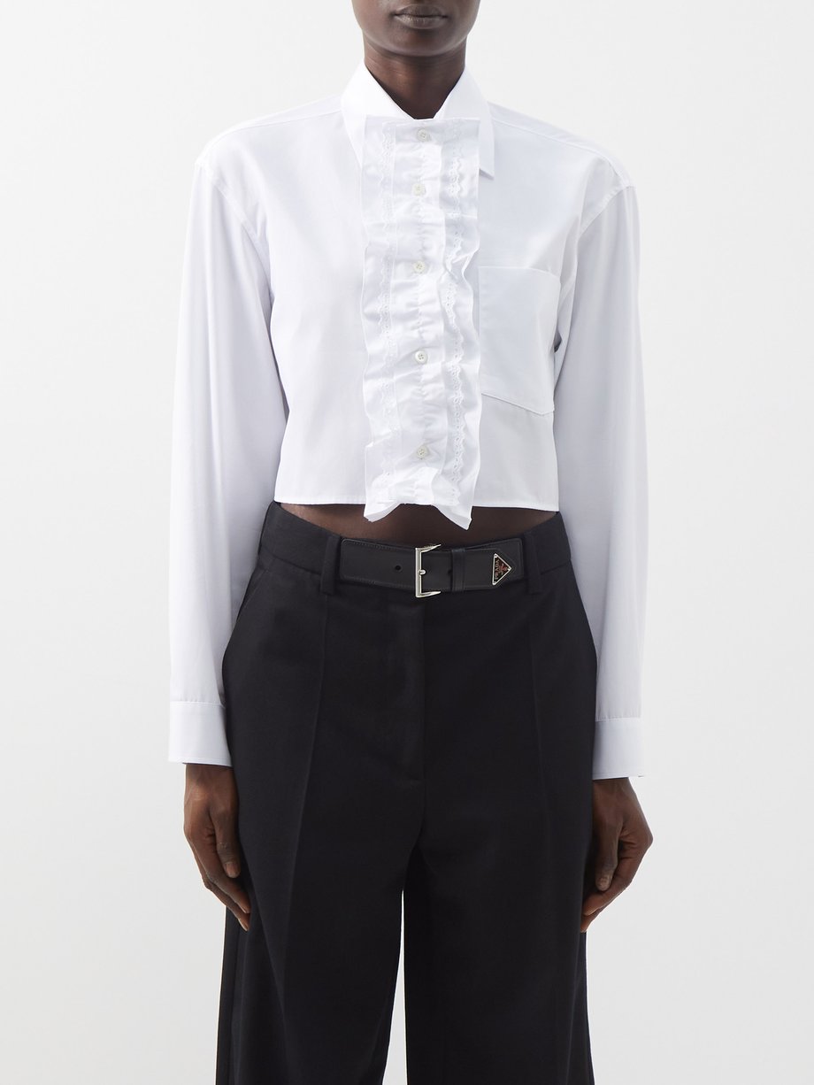 White Ruffled cropped cotton-poplin shirt | Prada | MATCHES UK